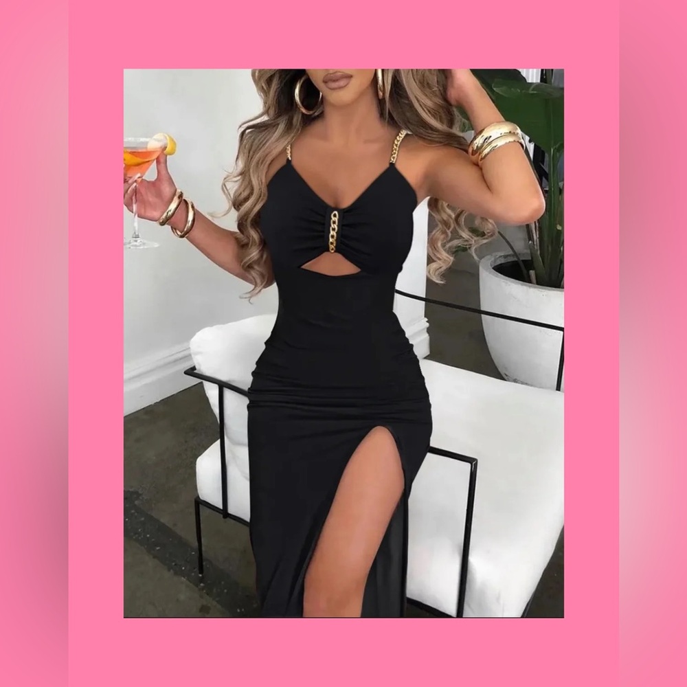 First Date Black Gold Chain Sleeveless Side Split Maxi dress